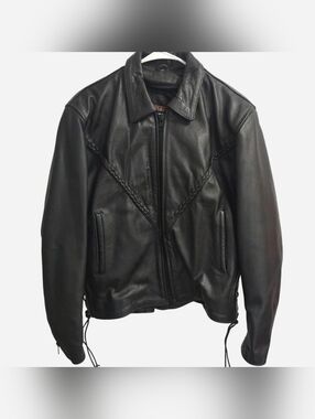 Women's VTG Genuine Leather Bomber Jacket Biker Sz XL Braided Details Black